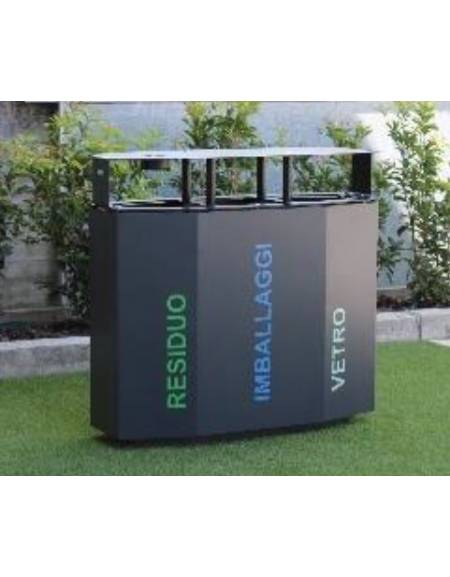 Cestone per la raccolta differenziata a 3 settori in acciaio zincato e vernicato da Lt 150 - cm 99x38,5x80h