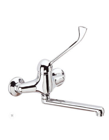 Rubinetto miscelatore biforo a muro con leva clinica cromata e canna girevole mm 14x27x200 - Interesse mm 150±20