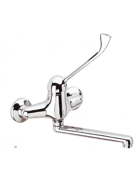 Rubinetto miscelatore biforo a muro con leva clinica cromata e canna girevole mm 14x27x200 - Interesse mm 150±20