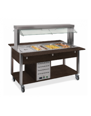 Carrello buffet termico 4xGN1/1 colore Wengè, con parafiato mobile - illuminazione a LED - cm 161x68x144h