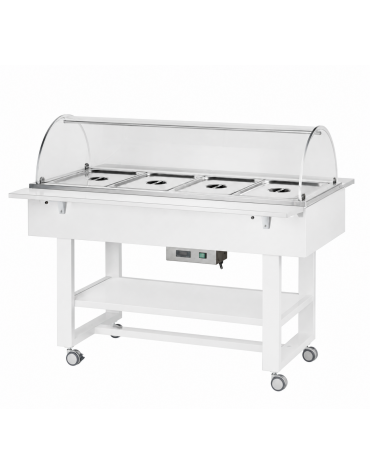 Carrello caldo bagnomaria in legno con cupola, Temp. +30 / +90°C - 4xGN1/1 - colore Bianco - cm 148x112x125h
