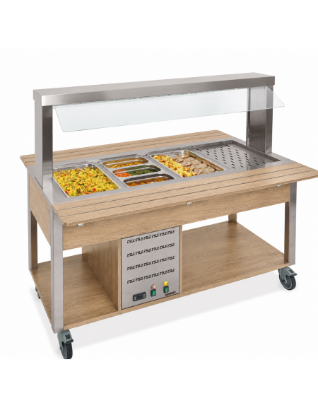 Buffet termico 4xGN1/1 colore Rovere, con parafiato fisso - illuminazione a LED - cm 161x68x144h