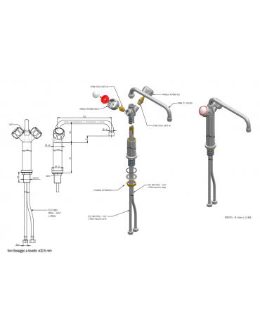 Rubinetto monoforo a lavello con prolunga da cm 30, canna "D" mm Ø18×250 e maniglie Rotonde