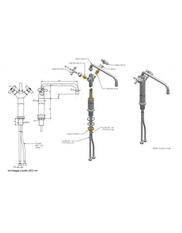 Rubinetto monoforo a lavello con prolunga da cm 30, canna "D" mm Ø18×250 e maniglie a Croce