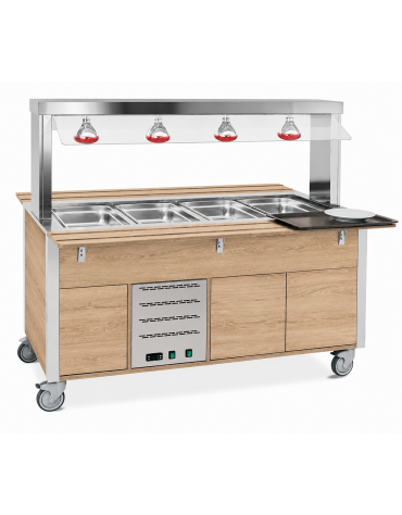Carrello buffet termico armadiato 4xGN1/1 colore Rovere - parafiato fisso e lampade a infrarossi - cm 161x68x144h