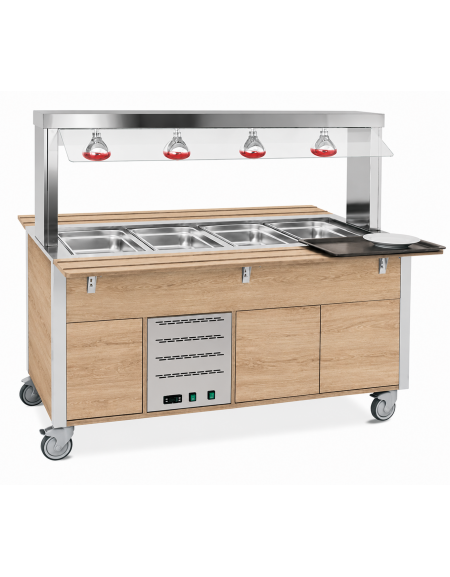 Carrello buffet termico armadiato 4xGN1/1 colore Rovere - parafiato fisso e lampade a infrarossi - cm 161x68x144h