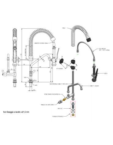 Kit doccia prelavaggio versione Mini con basetta, doccetta e canna girevole "C" da mm Ø18×200 - altezza cm 57