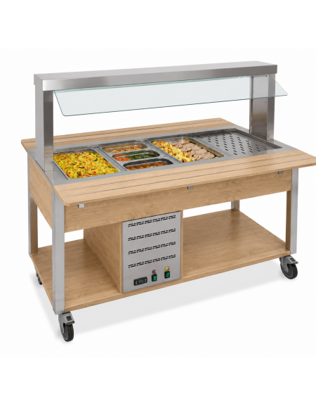 Buffet termico 6xGN1/1 colore Rovere, con parafiato fisso - illuminazione a LED - cm 226x68x144h