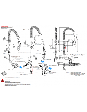 Kit rubinetto a pedale mono acqua a pavimento con kit doccia prelavaggio versione Mini e canna girevole "C" da mm Ø18×200