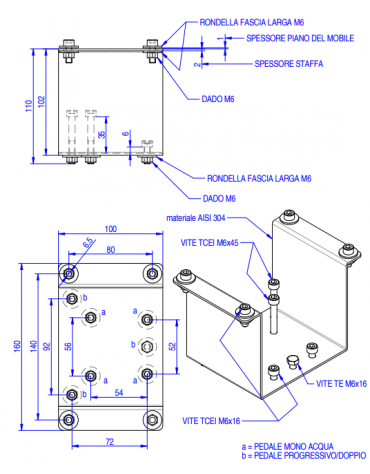 Staffa in acciaio per applicazione pedali rubinetto/misceltore sotto mobile con kit fissaggio incluso - cm 10x10,2h
