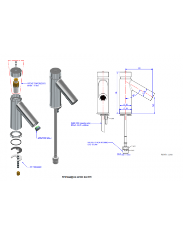 Rubinetto temporizzato per lavabo completo di flessibile, tempo di erogazione 8÷12 sec. non regolabile - altezza cm 18,5
