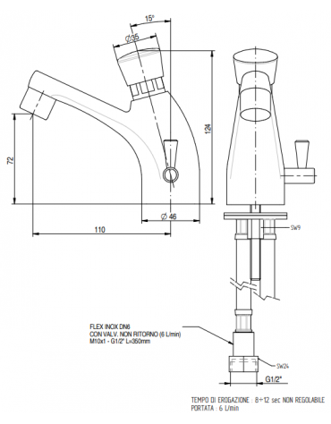 Miscelatore temporizzato per lavabo completo di flessibile, tempo di erogazione 8÷12 sec. non regolabile - altezza cm 12,4
