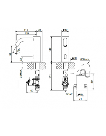 Rubinetto elettrico con beccuccio fisso curvo - alimentazione elettrica - Ø mm 40 - mm 118x142h