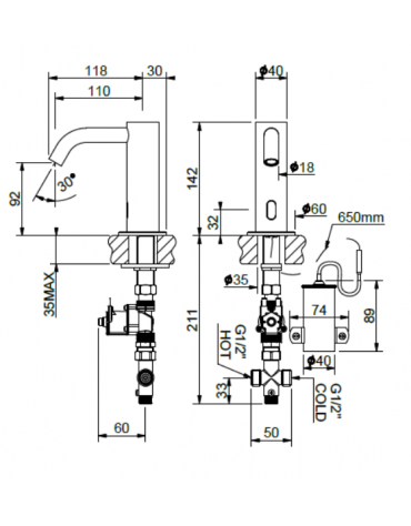 Rubinetto elettrico con beccuccio fisso curvo e premix meccanico incluso - alimentazione a batteria - Ø mm 40 - mm 118x142h