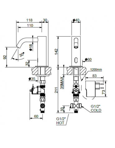 Rubinetto elettrico con beccuccio fisso curvo e premix meccanico incluso - alimentazione elettrica - Ø mm 40 - mm 118x142h