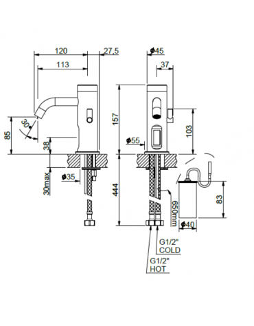Miscelatore elettronico con beccuccio fisso curvo - alimentazione a batteria - Ø mm 45 - mm 120x157h