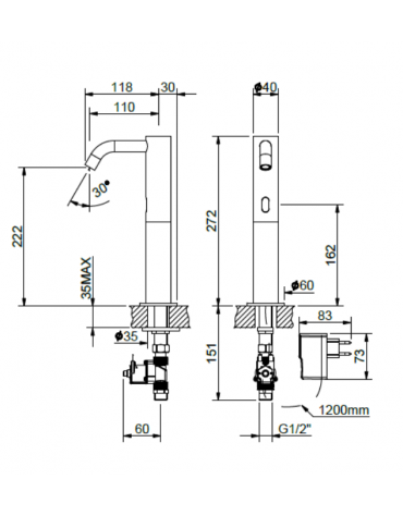 Rubinetto elettrico con bocca a lavello - alimentazione elettrica - mm 191x230h