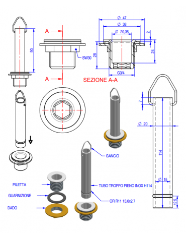 Kit completo per tubo troppo pieno e piletta cromata 3/4" con dado e guarnizione - altezza tubo mm 114