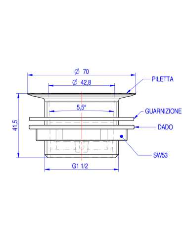 Piletta cromata da 1" 1/2 completa di dado e guarnizione, per tubo troppo pieno