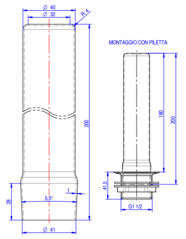 Tubo troppo pieno in acciaio inox AISI 304 per piletta cromata da 1”1/2  - altezza mm 200