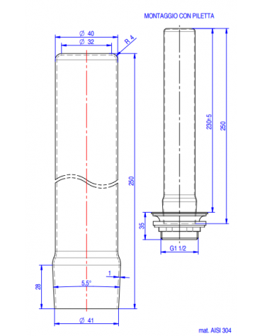 Tubo troppo pieno in acciaio inox AISI 304 per piletta cromata da 1”1/2  - altezza mm 250