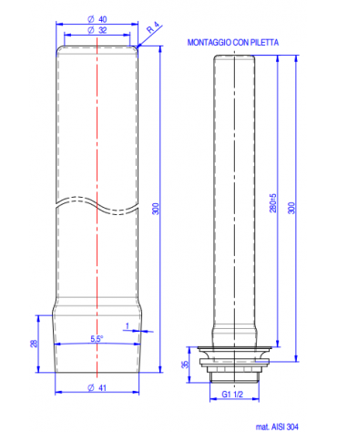 Tubo troppo pieno in acciaio inox AISI 304 per piletta cromata da 1”1/2  - altezza mm 300