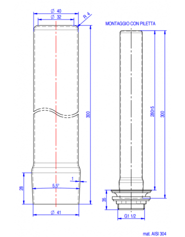 Tubo troppo pieno in acciaio inox AISI 304 per piletta cromata da 1”1/2  - altezza mm 150