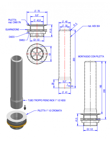 Kit completo per tubo troppo pieno in acciaio AISI 304 e piletta cromata 1" 1/2 con dado e guarnizione - altezza tubo mm 200