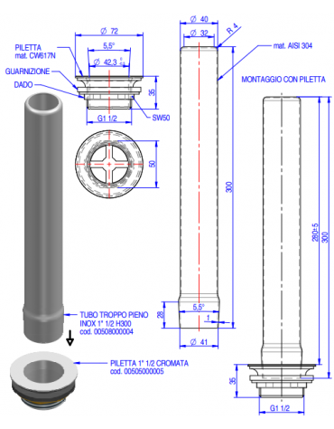 Kit completo per tubo troppo pieno in acciaio AISI 304 e piletta cromata 1" 1/2 con dado e guarnizione - altezza tubo mm 300