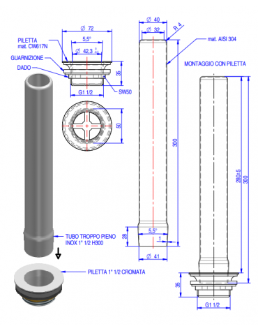 Kit completo per tubo troppo pieno in acciaio AISI 304 e piletta cromata 1" 1/2 con dado e guarnizione - altezza tubo mm 150
