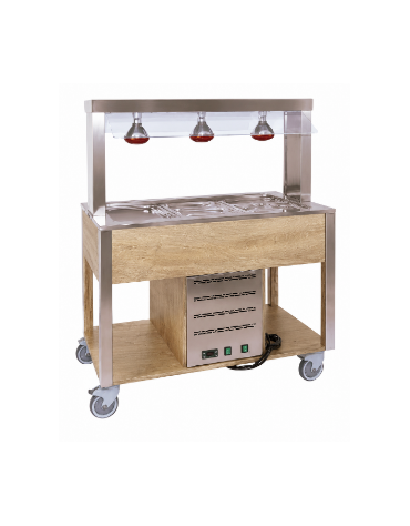 Carrello buffet termico 6xGN1/1 colore Rovere - parafiato fisso e lampade a infrarossi - cm 226x68x144h