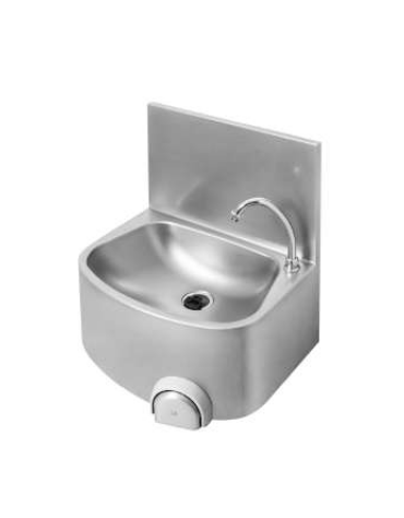 Lavamani in acciaio inox AISI 304 con alzatina, bocca di erogazione, comando a ginocchio e premix - cm 48x36x52h