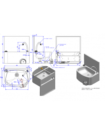Lavamani in acciaio inox AISI 304 con alzatina, bocca di erogazione, comando a ginocchio e premix - cm 48x36x52h