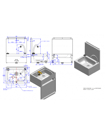 Lavamani in acciaio inox AISI 304 con alzatina, bocca di erogazione, comando a ginocchio e premix - cm 40x31,5x47h