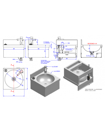 Lavamani in acciaio inox AISI 304 con miscelatore elettronico a batteria - flessibili inclusi - cm 40x40