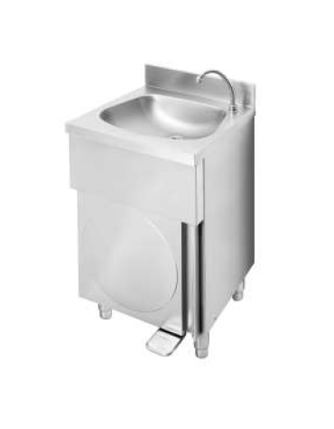 Lavamani inox AISI 304 su mobile con porta battente e miscelatore a pedale progressivo - cm 50x40x85h