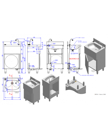 Lavamani inox AISI 304 su mobile con porta battente e miscelatore a pedale progressivo - cm 50x40x85h