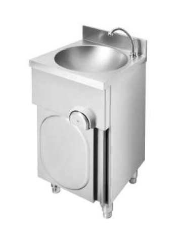Lavamani inox AISI 304 su mobile con porta battente, comando a ginocchio e premix meccanico - cm 40x40x85h