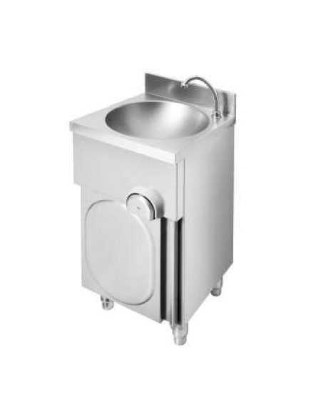 Lavamani inox AISI 304 su mobile con porta battente, comando a ginocchio e premix meccanico - cm 40x40x85h