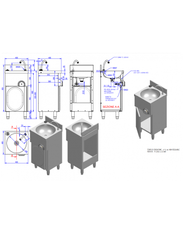 Lavamani inox AISI 304 su mobile con porta battente, comando a ginocchio e premix meccanico - cm 40x40x85h