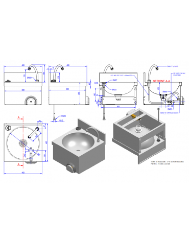 Lavamani in acciaio inox AISI 304 con bocca di erogazione, comando a ginocchio e premix meccanico - cm 40x40