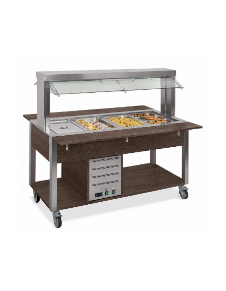 Carrello buffet termico 6xGN1/1 colore Wengè, con parafiato mobile - illuminazione a LED - cm 226x68x144h