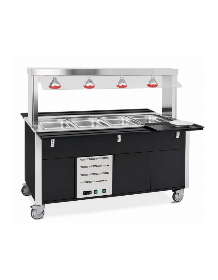 Carrello buffet termico armadiato, parafiato fisso e lampade infrarossi - 6x1/1 GN - colore Nero o RAL - cm 226x68x144h