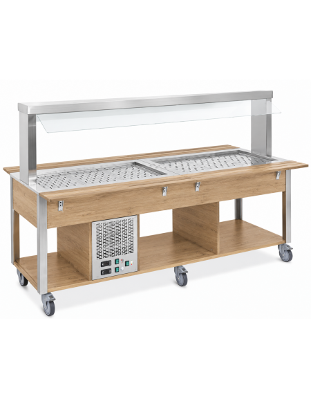 Carrello buffet misto freddo/caldo, parafiato fisso - 4 vani GN1/1 (2 caldi + 2 freddi) - colore Rovere - cm 161x68x144h