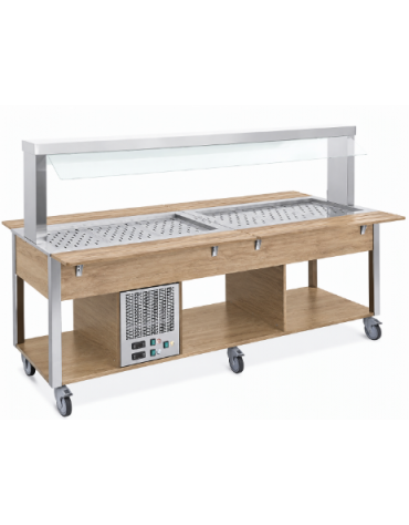 Carrello buffet misto freddo/caldo, parafiato fisso - 6 vani GN1/1 (3 caldi + 3 freddi) - colore Rovere - cm 226x68x144h