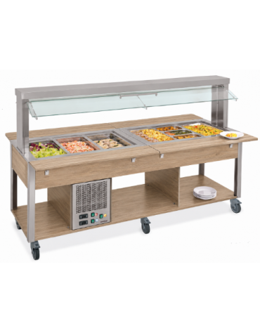 Carrello buffet misti freddo/caldo 5xGN1/1 (3 caldi + 2 freddi) con parafiato mobile - colore Rovere - cm 193x68x144h