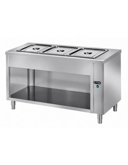 TAVOLO INOX AISI 304 CALDO SELF SERVICE BAGNOMARIA N° 3 BACINELLE GN 1/1 - VANO INFERIORE A GIORNO CM. 120X70X89H