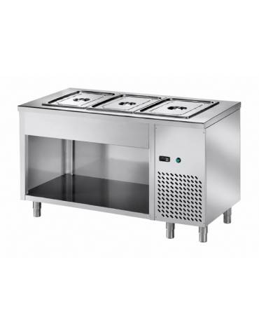 TAVOLO INOX AISI 304 FREDDO SELF SERVICE CON VASCA REFRIGERATA 3 BACINELLE GN 1/1 - VANO INFERIORE A GIORNO CM. 120X70X89H