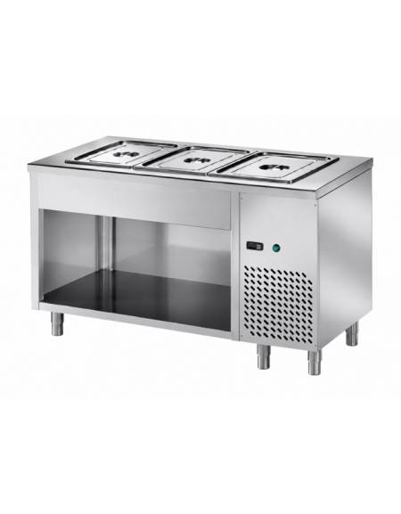 TAVOLO INOX AISI 304 FREDDO SELF SERVICE CON VASCA REFRIGERATA 3 BACINELLE GN 1/1 - VANO INFERIORE A GIORNO CM. 120X70X89H