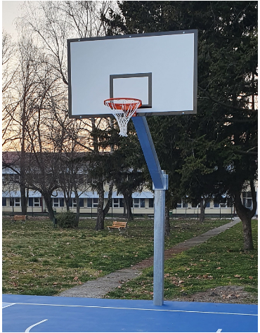 Impianto basket monotubolare in acciaio zincato da interrare, tabelloni in fibra di vetro laminata - sbalzo cm 165